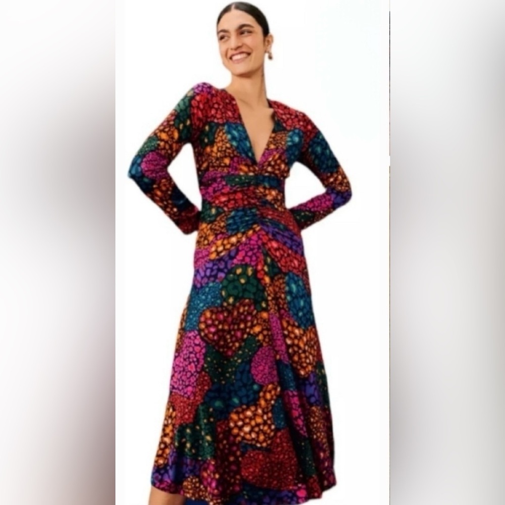 FARM Rio multicolored ruched midi dress, size small